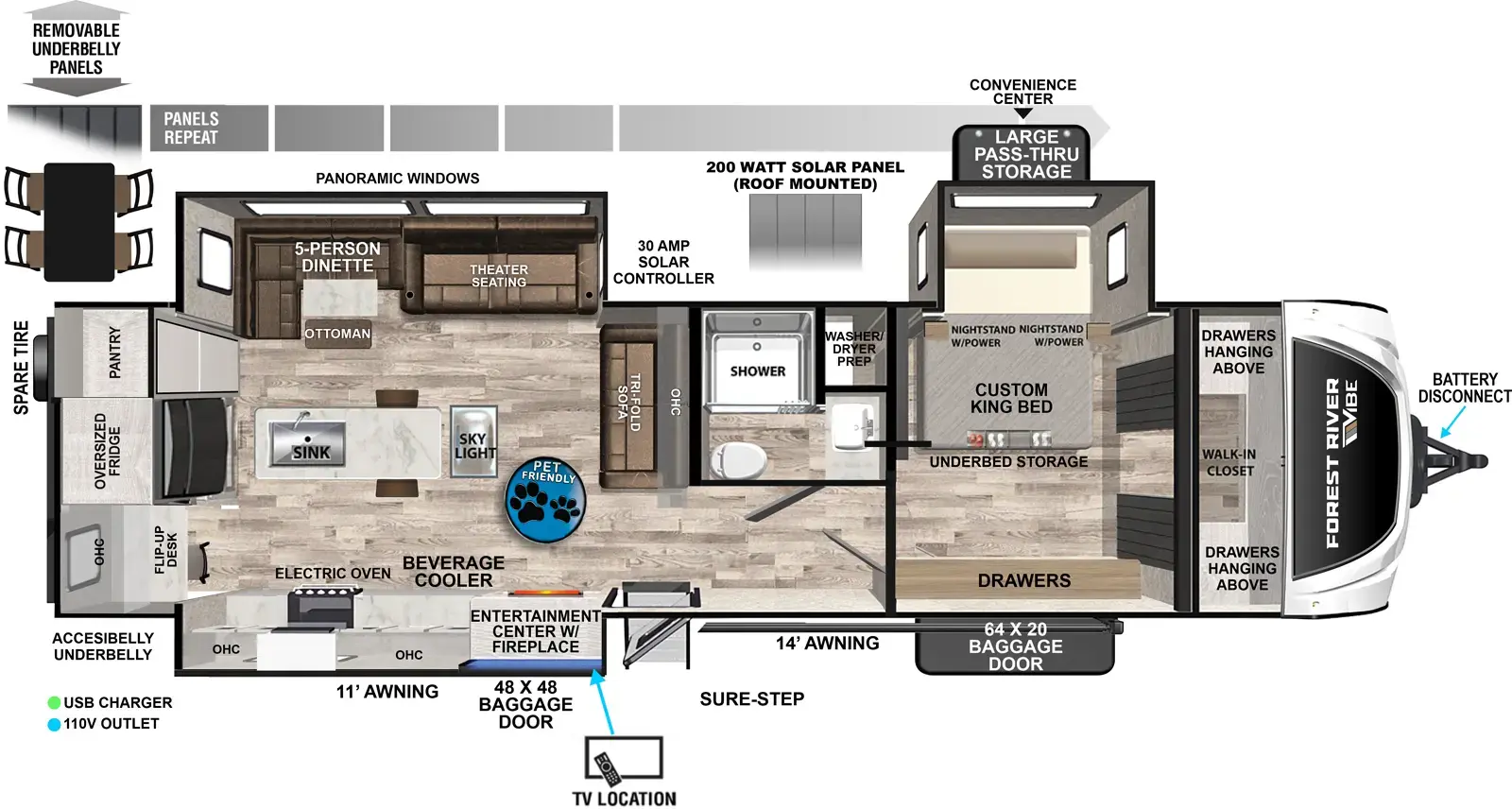 The Vibe 3400XL floorplan has one entry and three slide outs. Exterior features include: fiberglass exterior and 11' & 14' awning. Interiors features include: kitchen island and front bedroom.